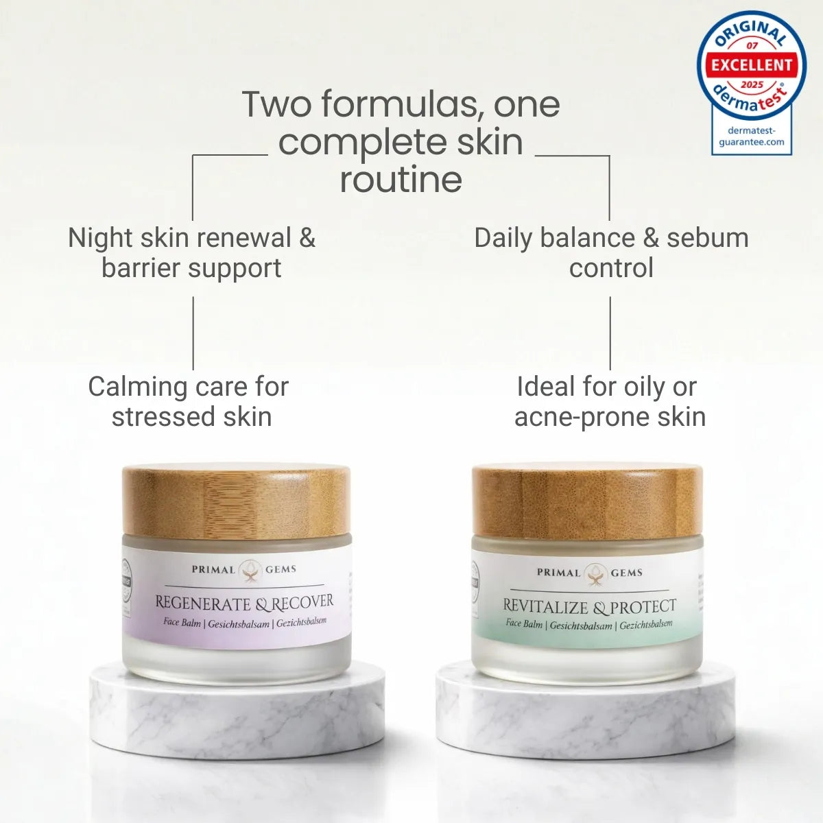 Two-step tallow face balm routine by Primal Gems for daytime balance and nighttime skin recovery